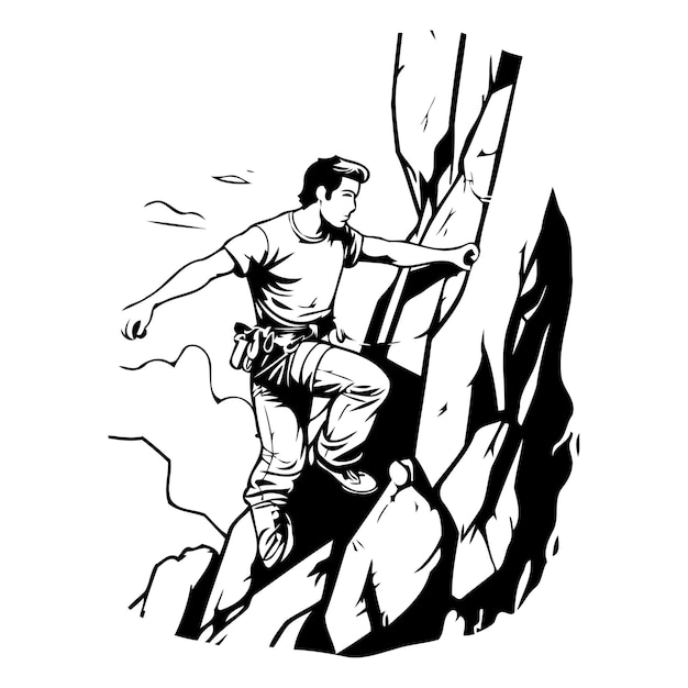 Vetor alpinista escalando em um penhasco ilustração vetorial em estilo retro