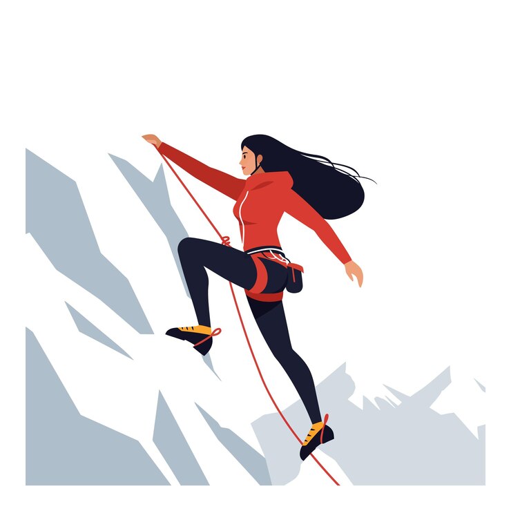 Vetor alpinista subindo face de rocha íngreme em ilustração vetorial de projeto plano mínimo