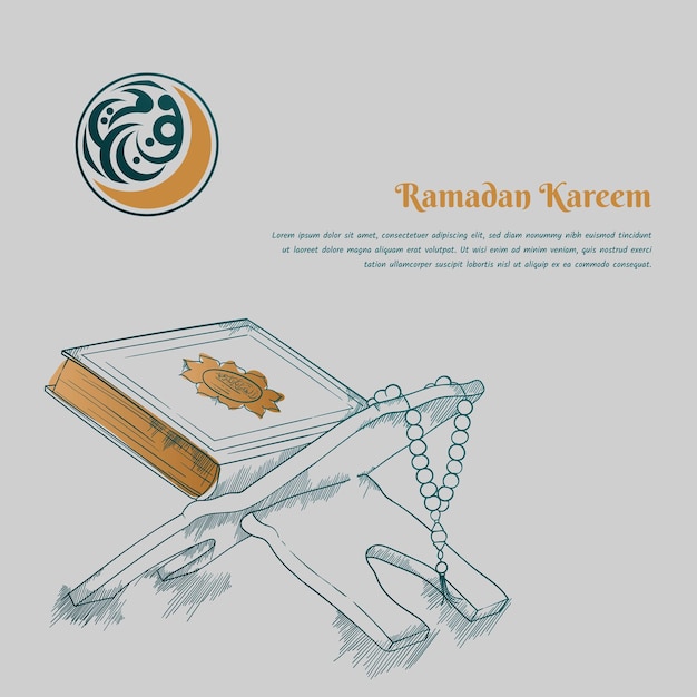 Alqur39an e contas de oração em design desenhado à mão para design de modelo ramadan kareem ou eid mubarak