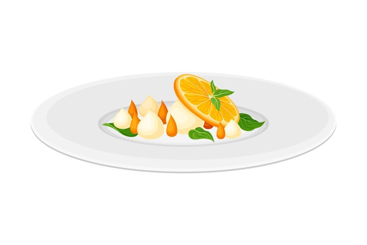 Vetor alta cozinha ou grande cozinha com sobremesa meticulosa com preparação de frutas cítricas e servido em