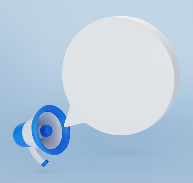 Alto-falante de megafone azul e branco 3D com ilustração vetorial de bolhas de fala