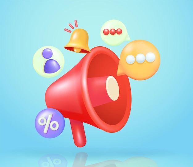 Alto-falante de megafone com disco de perfil de ícone de sino de notificação e elementos vetoriais 3d de ícone de balão de texto Perfeito para avisos promocionais e mídias sociais