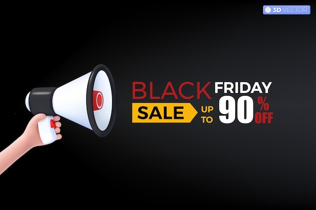 Alto-falante megafone 3D e símbolo do Black Friday alto-falante anuncia promoção de desconto Venda a preços reduzidos Conceito de tempo de marketing Ilustração isolada vetorial 3D Estilo pastel de desenho animado Minimal