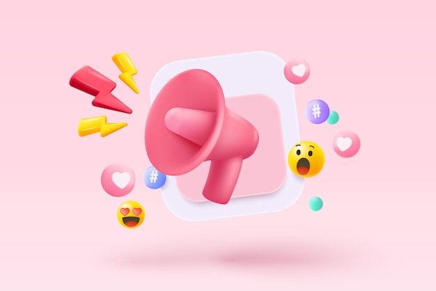 Vetor alto-falante megafone 3d para anunciar composição romântica dos namorados dia dos namorados objetos decorativos festivos coração e amor emoji ícone sentimento 3d viva-voz romance ícone vetor render ilustração