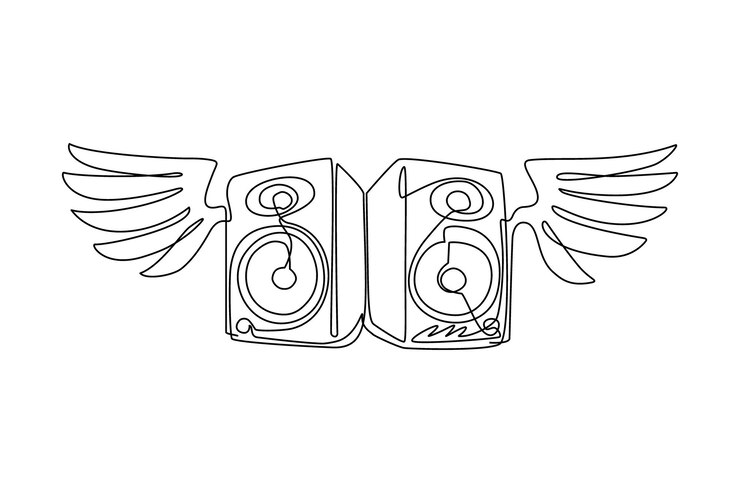 Vetor alto-falantes de sistema de música de desenho contínuo de uma linha com logotipo de ícone de asas imagem de alto-falante com asas