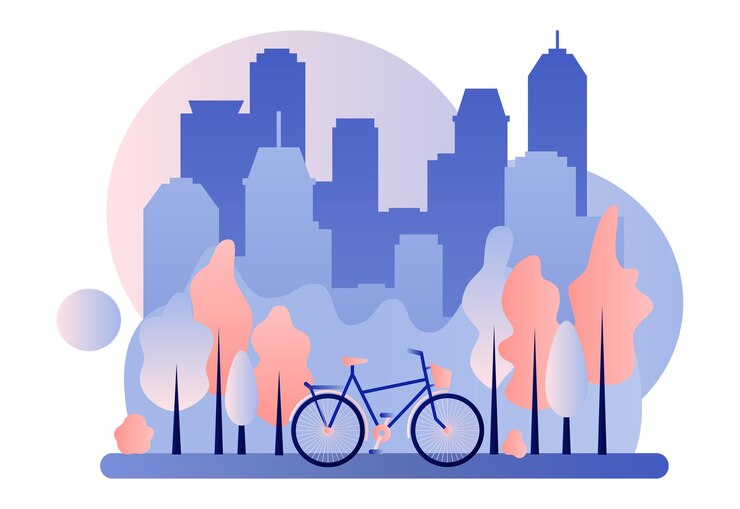 Aluguel de bicicletas Fundo da cidade com arranha-céus Ilustração em vetor estilo cartoon plana