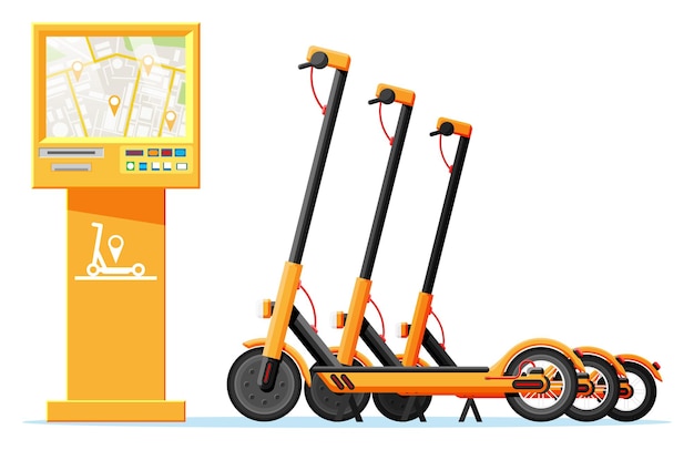 Aluguel de scooter elétrico conceito terminal elétrico e kick scooter aluguel de scooters serviço de aluguel compartilhamento de aplicativo transporte urbano moderno desenho animado vetor plano ilustração