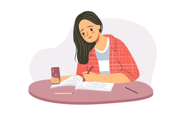 Aluna com caderno estudando. Jovem fazendo selfie enquanto estudava em casa