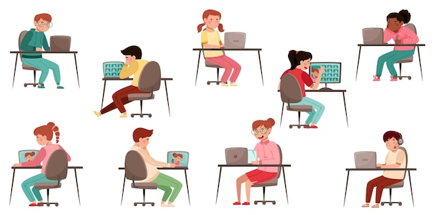 Aluno de escola secundária sentado em uma mesa na frente de um conjunto de vetores de laptop