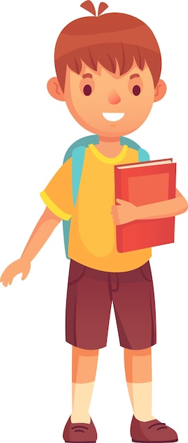 Aluno feliz de escola primária carregando livro e usando mochila indo para a escola educação e de volta para a escola conceito