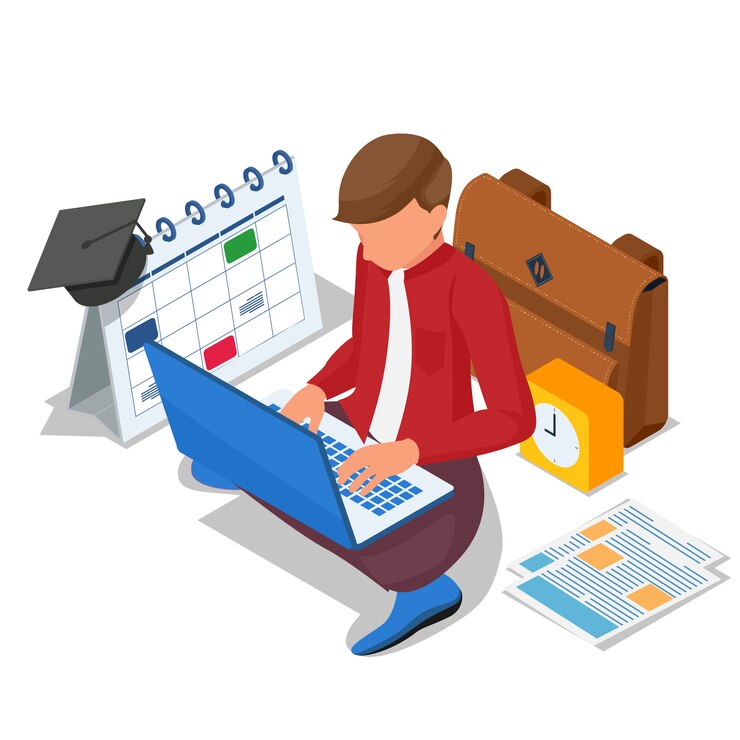 Aluno isométrico faz aprendizagem online no computador portátil. Vetor