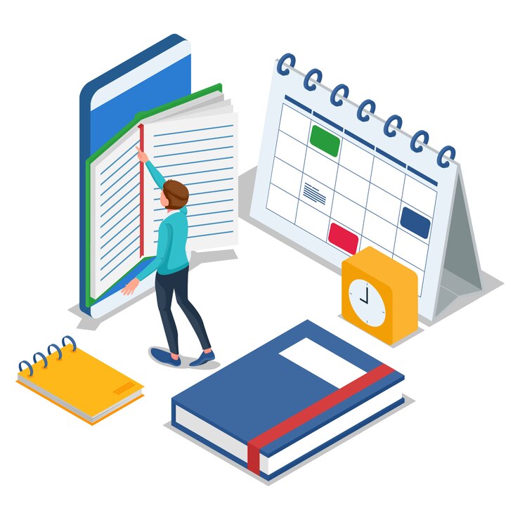 Aluno lendo no celular. Macho com livros, relógio, calendário. Educação isométrica de volta à ilustração da escola. Vetor
