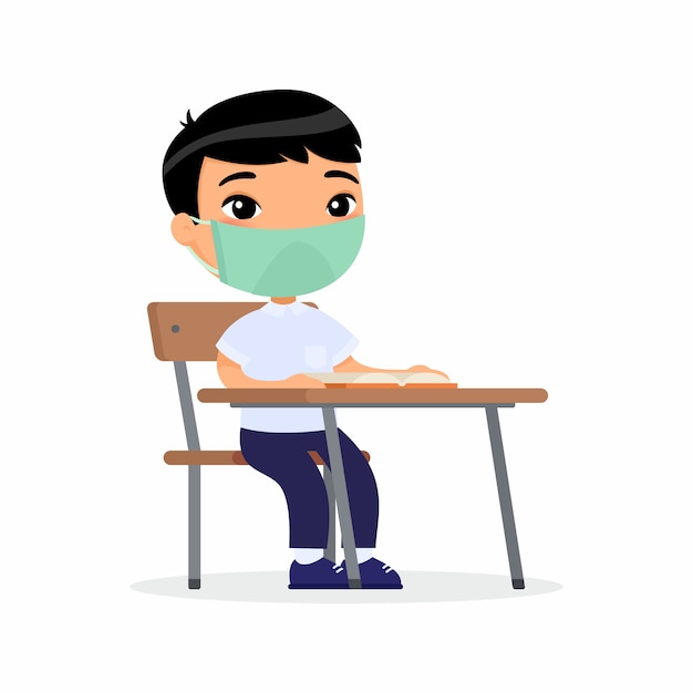 Aluno na lição com máscara protetora em ilustrações planas do rosto. estudante asiática está sentado em uma turma escolar na mesa dela. conceito de proteção contra vírus.