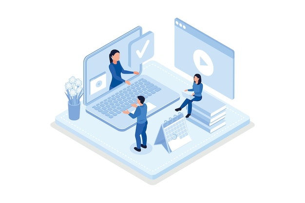 Alunos aprendendo online em casa. Personagens de pessoas fazendo videochamada com professor no laptop