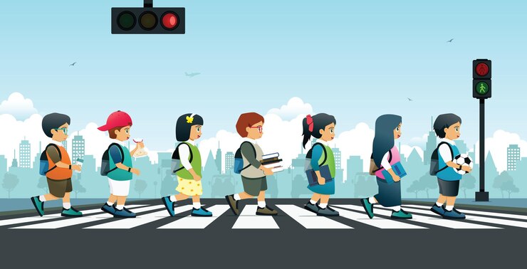 Vetor alunos caminhando na faixa de pedestres com semáforos.