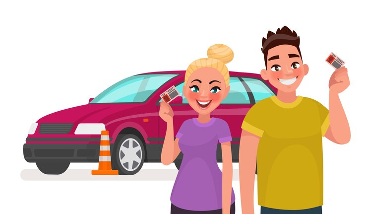 Vetor alunos com carteira de habilitação e carro de treinamento