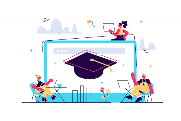 Alunos com laptops estudando e um laptop enorme com chapéu de formatura. Cursos online gratuitos, cursos de certificação online, conceito de escola de negócios online. Ilustração de vetor isolado de coral rosa