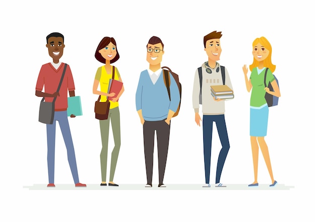 Alunos felizes do último ano do ensino médio - ilustração isolada de personagens de desenhos animados. Meninos e meninas sorridentes com livros e bolsas. Faça uma ótima apresentação com esses alegres adolescentes internacionais