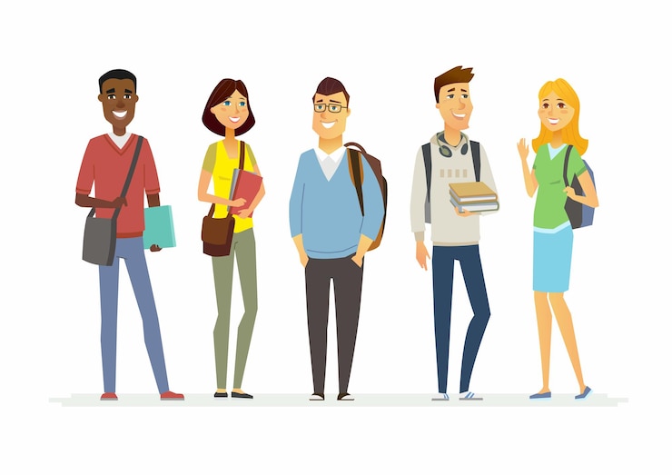 Vetor alunos felizes do último ano do ensino médio - ilustração isolada de personagens de desenhos animados. meninos e meninas sorridentes com livros e bolsas. faça uma ótima apresentação com esses alegres adolescentes internacionais