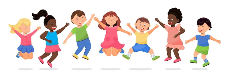 Vetor alunos felizes pulando desenhos animados crianças divertem meninos e meninas correndo jogadas de saltos