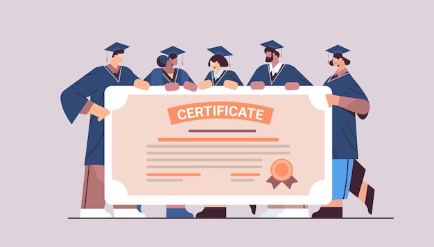 Alunos graduados de raça mista com certificado de graduados felizes celebrando diploma acadêmico conceito de educação universitária horizontal comprimento total