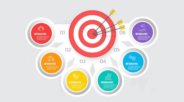 Alvo com seis etapas para o seu modelo de infográfico de meta para apresentações de negócios na web