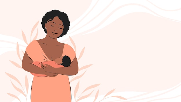 Amamentação. A mulher afro-americana amamenta o bebê. Banner sobre gravidez e maternidade