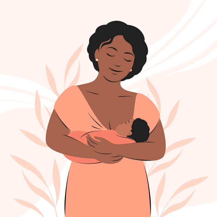 Vetor amamentação mulher com pele e cabelo escuros amamenta o bebê