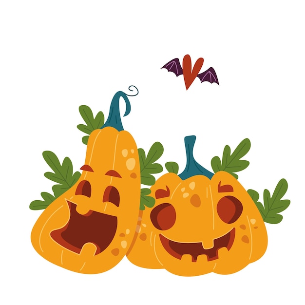 Vetor amantes de abóbora com um coração com asas acima deles. um casal de abóboras. decoração de festa de halloween. personagens de desenhos animados são monstros. ilustração vetorial no estilo infantil. clipart isolado.