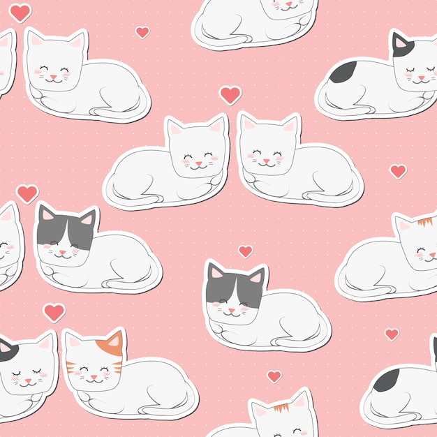 Amantes de gato adorável bonito dos desenhos animados padrão sem emenda no papel de parede rosa