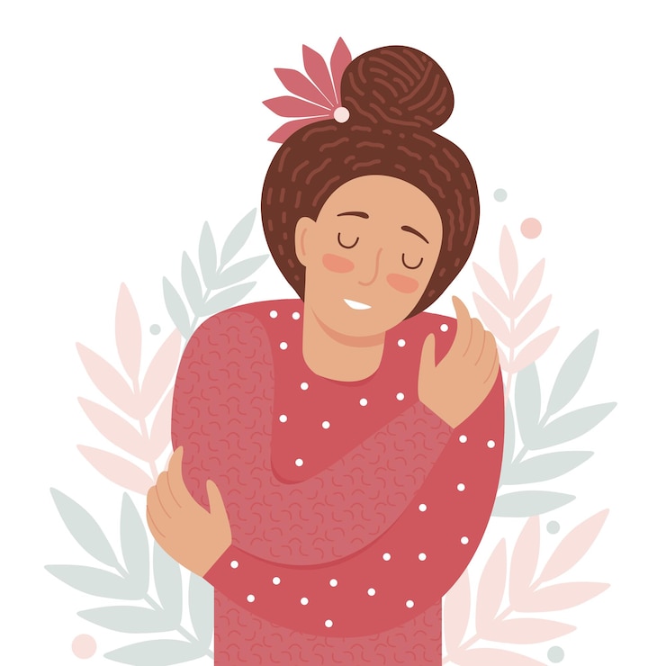 Vetor amar a si mesmo, cuidar de si mesmo, aceitação, estilo de vida saudável. mulher com os olhos fechados sorri e se abraça. ilustração de corpo positivo e saúde mental