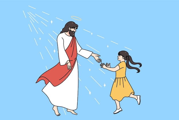 Amar jesus estica a mão conhece uma garotinha sorridente mostra cuidado pai cristo com criança