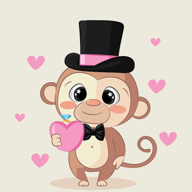 Amar menino macaco rosa corações vermelhos e diamante