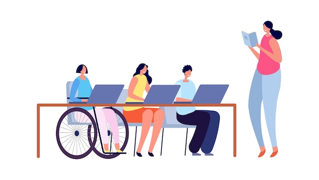 Ambiente acessível Criança com deficiência na escola, aprendizagem colaborativa e integração Problemas de deficiência ilustração vetorial de adaptação de crianças