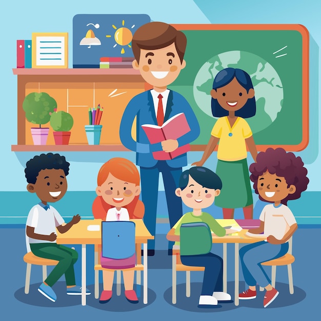 Ambiente de aula envolvente com alunos e professores felizes