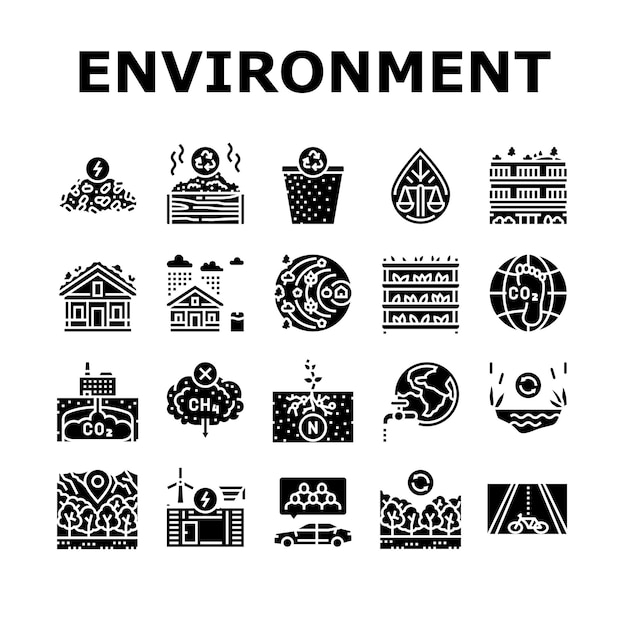 Ambiente verde terra natureza ícones conjunto vetor eco reciclar mundo salvar ecologia planta engenheiro ambiental planeta dia global ambiente verde terra natureza glifo pictograma ilustrações