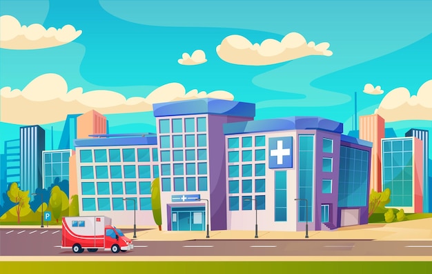 Ambulância da clínica médica da cidade do edifício do hospital