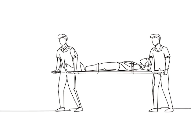 Vetor ambulância de desenho de uma única linha a equipe do serviço médico de emergência está carregando o paciente em uma maca