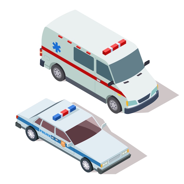 Ambulância e carros de polícia 3d isométrico vector