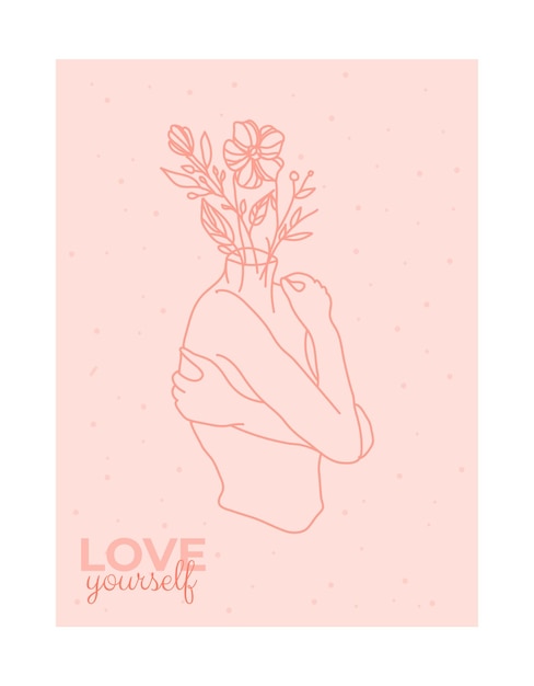 Vetor ame-se cartaz mulher se abraçando com corações em fundo rosa ame seu conceito de corpo ilustração de linha vetorial