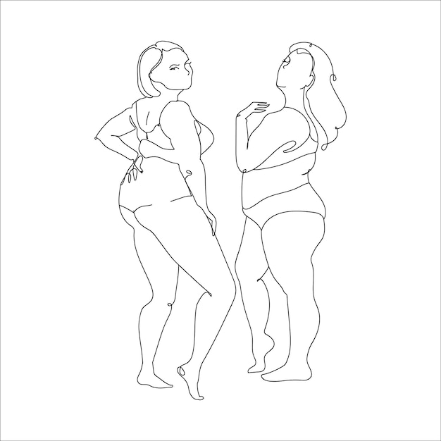 Ame seu corpo corpo positivamente Mulheres felizes de tamanho grande em lingerie Desenhado em estilo moderno de contorno
