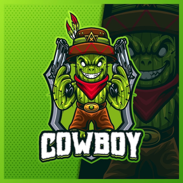 Vetor american cactus cowboy western bandit shooter mascote esport ilustrações vetoriais de design de logotipo