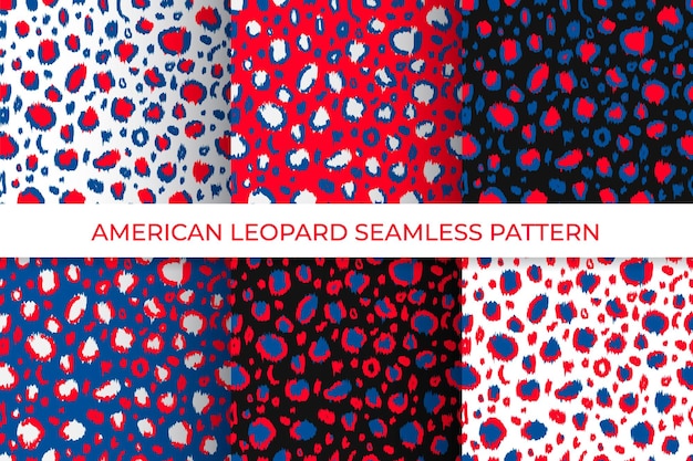 American leopard seamless patterns set of 6 impressão animal em cores bandeira dos estados unidos vermelho branco azul dia da independência fundo patriótico modelo vetorial para tecido papel de parede têxtil papel de embrulho
