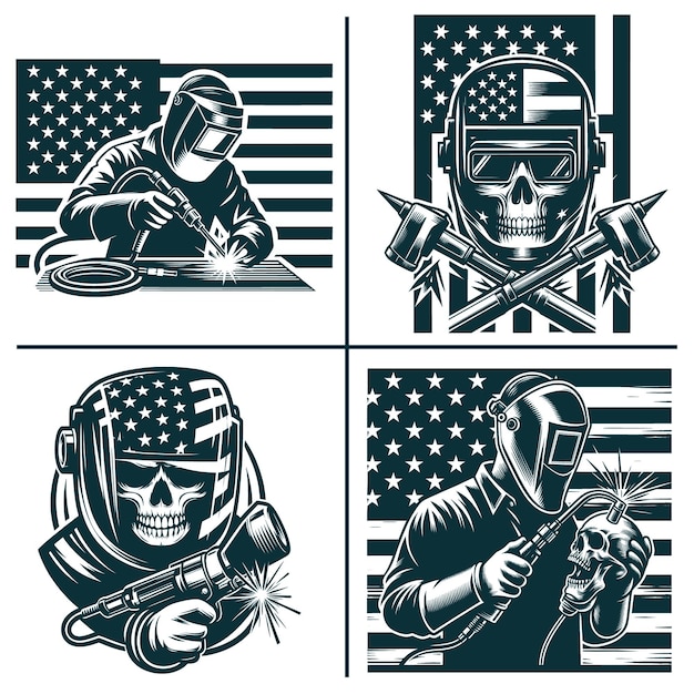 Vetor american welder silhouette files welder behind american flag cricut files digitais silhouette de soldador