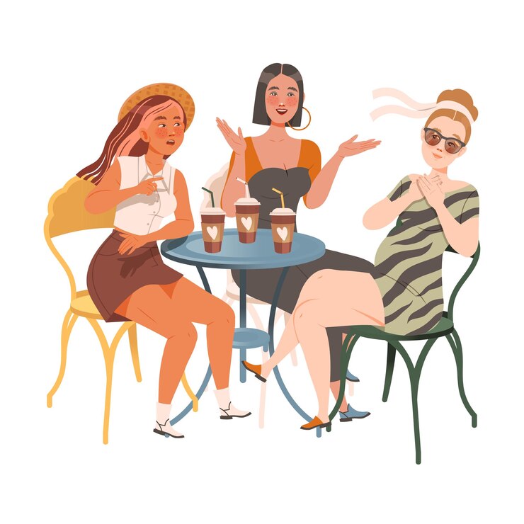 Vetor amiga feminina passando tempo juntos sentada em um café bebendo café e fofocando ilustração vetorial