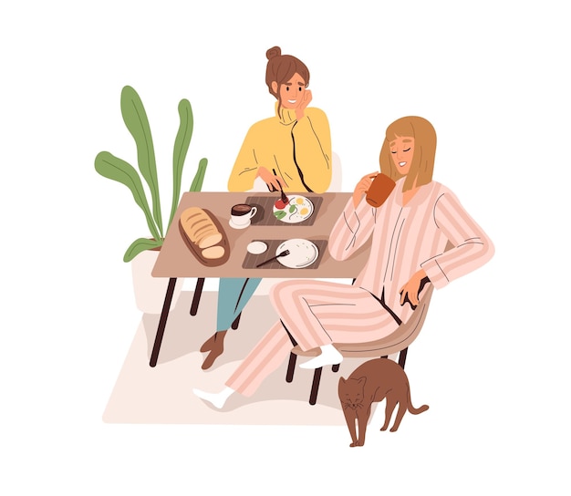 Amigas comendo e conversando na mesa de jantar, amigas felizes e relaxadas conversando no café da manhã em casa, cena de fêmeas comendo juntas, ilustração vetorial plana isolada em fundo branco.