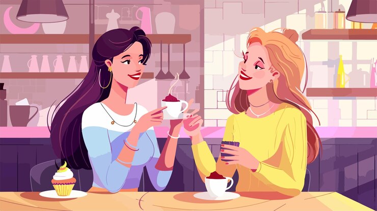 Vetor amigas desfrutam de cupcakes enquanto duas meninas se comunicam em um café