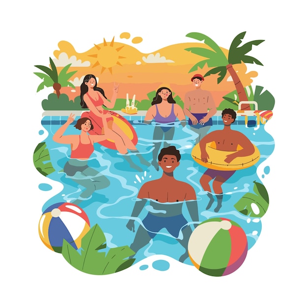 Amigos a divertir-se na piscina num dia de verão ensolarado.