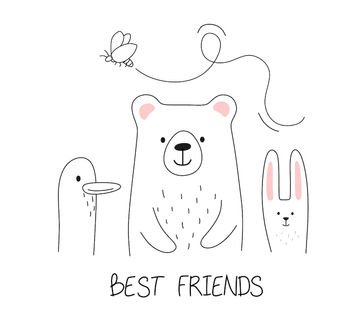 Amigos animais com a palavra Melhores amigos na linha de estilo doodle