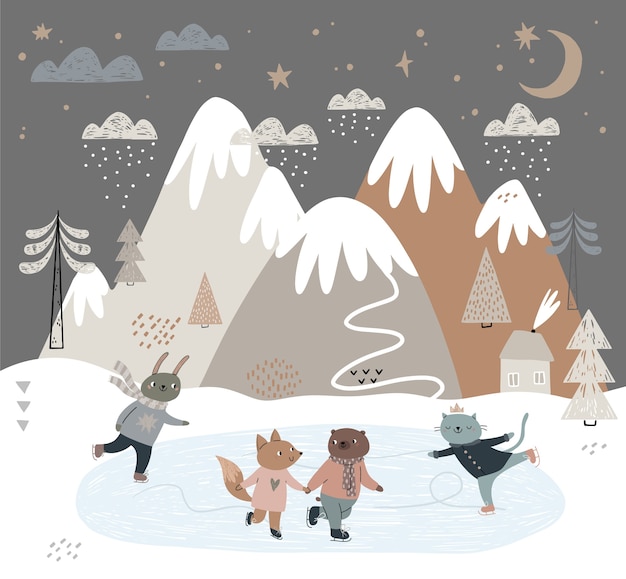 Amigos animais patinam no gelo. Rinque de patinação nas montanhas, nuvens, casa com vista.